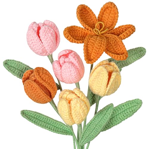UXORSN 6 Piezas Ramo de Tulipanes de Ganchillo Hecho a Mano Flores Artificiales Multicolor Acabado de Ganchillo Regalo a Granel para Madre Hogar Cumpleaños Boda Oficina Jarrón Mesa Decoración