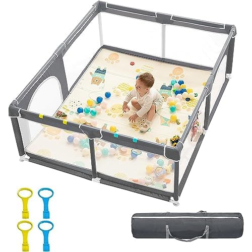 dearlomum Baby Playpen,70″x60″ Extra Large Baby Playard, Playpen for Babies with Gate, 0-6 to 12 Months Baby Activity Center, Sturdy Safety Playpen with Soft Mesh,Playpen for Toddlers(Gray)