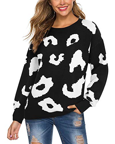 Laishen Women'S Sweaters Fall Fashion 2023 Leopard Long Sleeve Tops Casual Crew Neck Knit Chunky Sweater Pullover Black thumb #1