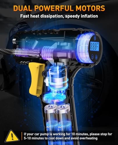 Petrinda Cordless Tyre Inflator Air Compressor, Portable Handheld Rechargeable Battery Tyre Pump with Digital Pressure Gauge, Electric Tyre Inflator with LED Light & 4 Nozzle for Car, Motorcycle Bike - Image 7