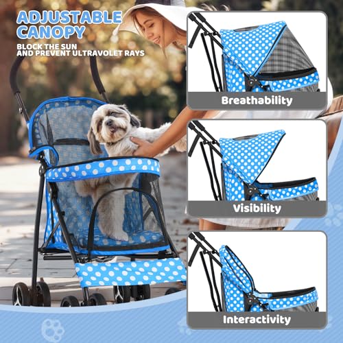 Image of Magshion Compact Fold Pet Travel Stroller for Small Dogs Cats | Up to 22lbs, 4-Wheel Lightweight Umbrella Shaped Design, Safety Tethers, Breathable Mesh, Cup Holder & Rear Storage