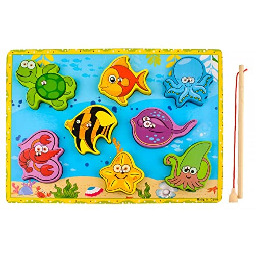 PTIT'GÉNIE - Jeu de Pêche Magnétique en Bois - Univers Marin, 8 Créatures/Animaux Mignons - Ludique, Jouet Educatif - Bois, 29,5x22x0,6cm