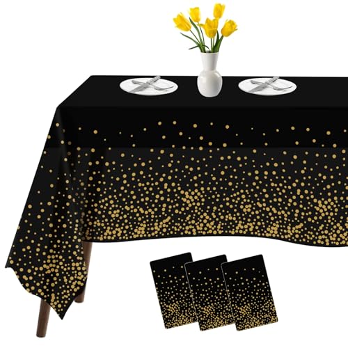 Image of Tablecloths for Rectangle Tables, 3 Pack 54 inch x 108 inch Plastic Table Cloth Disposable Table Covers Engagement Party Decorations, Black Gold Dot Tablecloths Disposable Tablecloth for Weddings Buffet Table