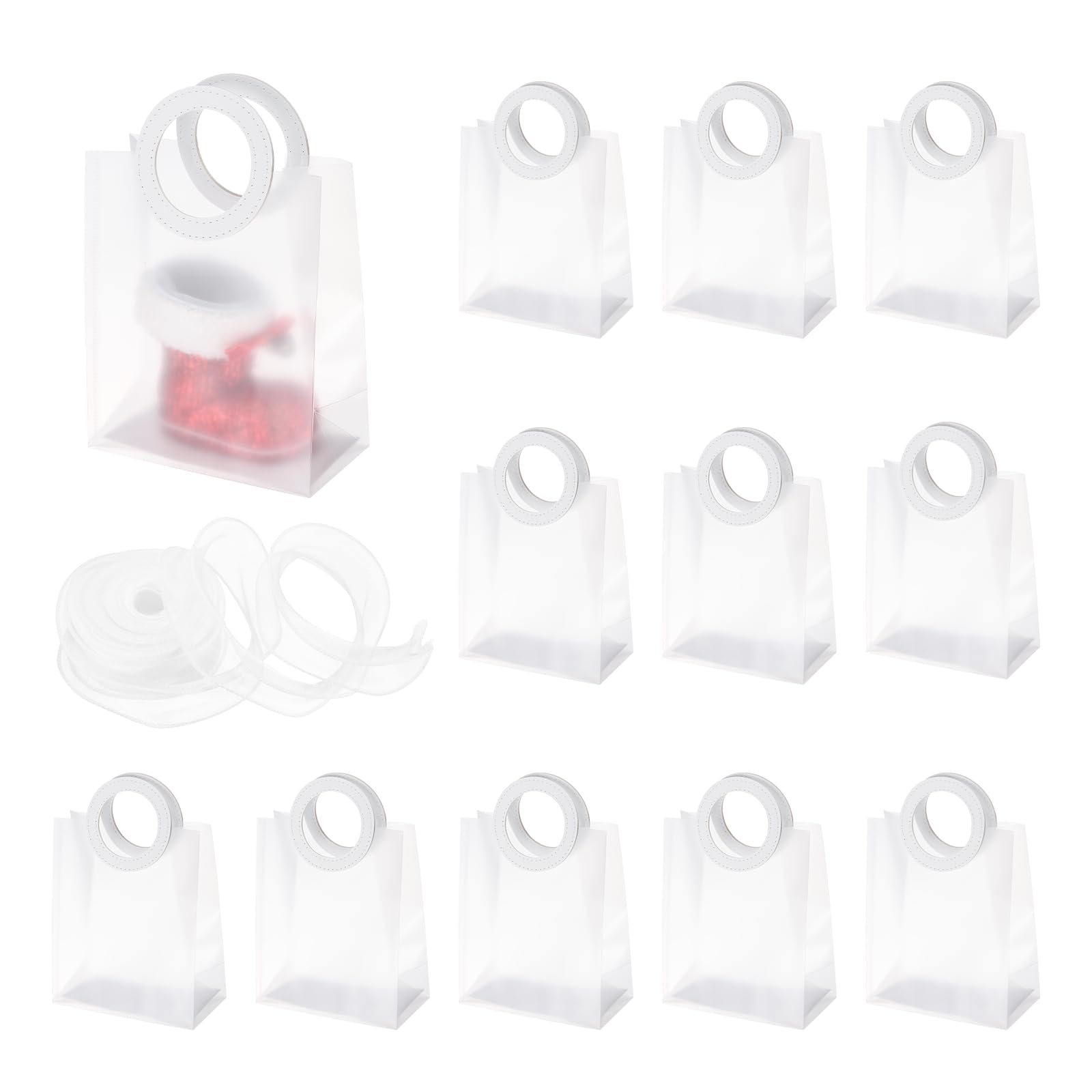 PATIKIL Clear Reusable Gift Bags with Handle and Ribbon (21x17.5x9cm), 12Pcs Plastic Goodie Candy Treats Totes Bags for Wedding Birthday Festival Celebration Party, White