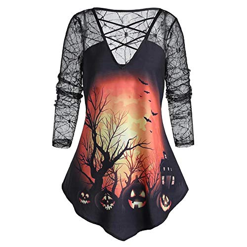Aniywn Women Retro V-Neck Lace Long Sleeve T-Shirt Spider Web Lace Pumpkin Halloween Blouses(Black,L)