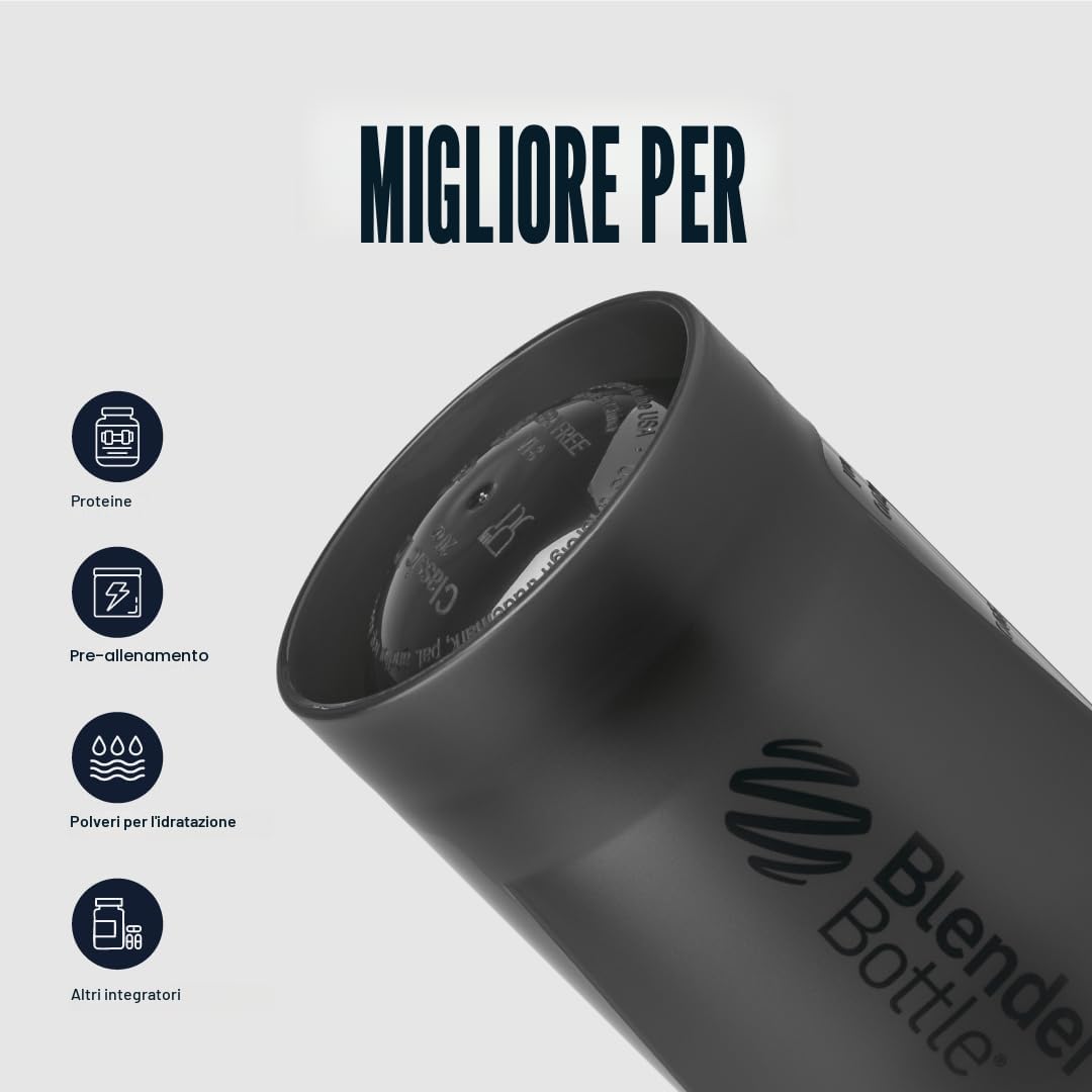 BlenderBottle Classic V2 Shaker Bottle con sfera in acciaio inox, perfetto per frullati proteici, lavabile in lavastoviglie, 600 ml, nero