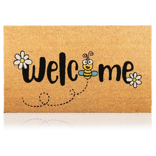 Image of Bee - 17"x29" - Coir Door Mat with Heavy Duty Backing - Welcome Mats for Entryway, Porch - Anti-Slip PVC & Coconut Fiber Surface - Natural Home Accessories, Minimalist Original Design