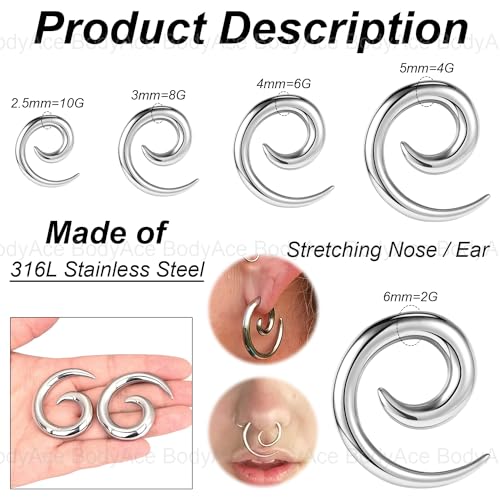 BodyAce Stainless Steel Ear Weights Gauges, Spiral Earrings Expander Snail Twist Ear Plugs, Earring Stretching Tapers Ear Gauge 2/4/6/8/10g Piercings Jewelry2
