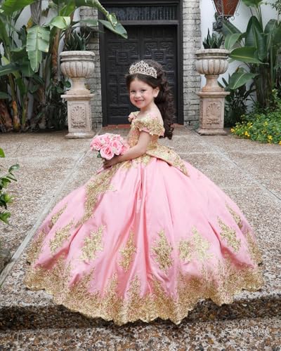 Gold Applique Flower Girl Dresses Off Shoulder Satin First Communion Dress Beading Girls Ball Gown witth Bow4