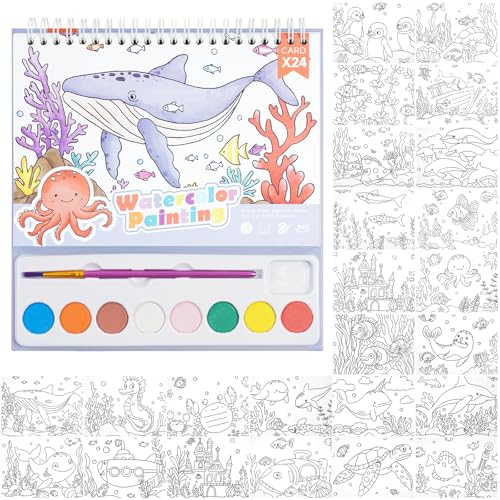 AYESY Acquerello Libro da Colorare, 24Immagini Dipingi con Libri ad Acqua per Bambini Piccoli Libro da Disegno con Pennelli per Acquerelli e Polvere Colorata Pittura ad Acquerello Libro Fogli Mobili B