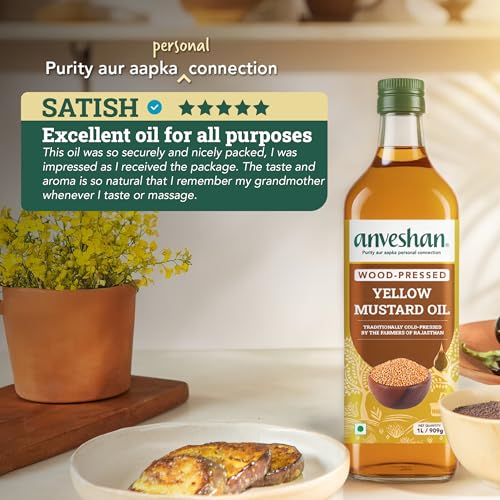 Image of Anveshan Wood Pressed Yellow Mustard Oil-1 Litre | Plastic Bottle | Kolhu /Kacchi Ghani /Chekku | Natural | Chemical-Free | Cold Pressed Yellow Mustard Oil For Cooking (Pack of 2)