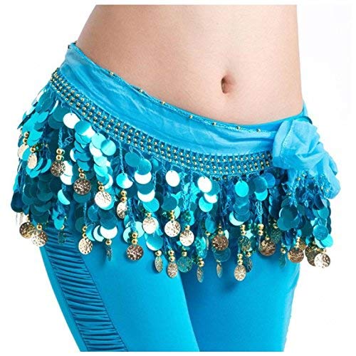 Image of VRITRAZ Women's Chiffon Belly Dance Hip Scarf Waistband Belt Skirt Mixed Colors Beads and Golded Coins 56 Black