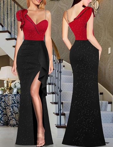 Image of VFSHOW Womens Formal Prom Elegant Ruffle One Shoulder Beaded Strap Ruched Slit Maxi Dress Wedding Evening Long Gown