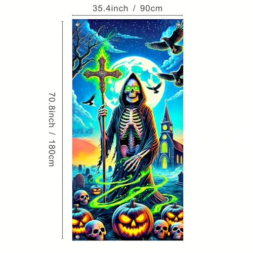 Image of BlissYard Halloween Door Cover Grim Reaper Cross 35x71 Inch Polyester | Door Banner, Wall Decor | Grim Reaper Entry Accent, Skeleton Backdrop | Porch, Hallway, Party (Gothic Art)