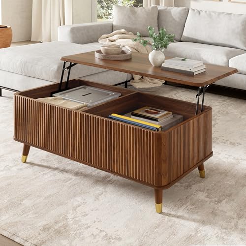 QSOST Table Basse Relevable Moderne Rétro avec Rangement – Design à Vagues et Plateau Réglable...
