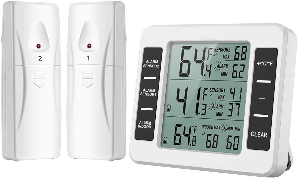 XMING Termometro Digitale congelatore con Monitor a Temperatura Interna e 2 sensori Wireless, termometro Frigorifero con 3 Allarme udibile, Record min/Max per la casa, ECC.