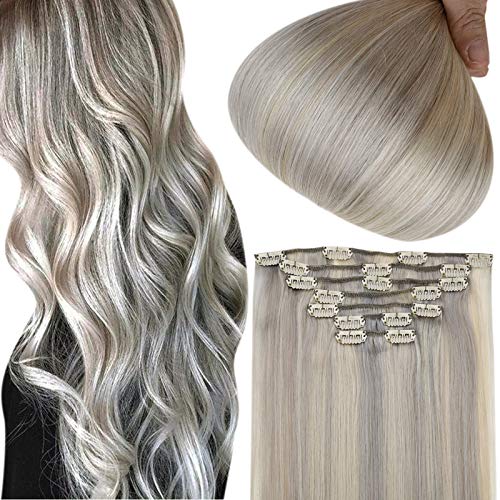 Full Shine Extensions Hair Clip on Extensions 14 Inch Natural Clip in Hair Extensions Blonde Highlights Grey/60 Clip in Brazilian Hair, Clip in Extensions 7 Pcs Human Hair Clip ins 100 Gram