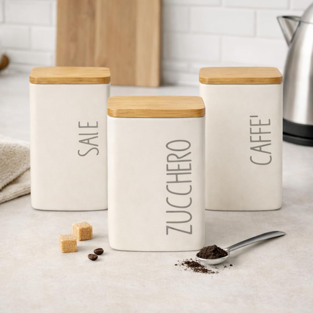 Set 3 Barattoli Cucina in Ceramica con Coperchio Bambù 9x12 cm – Contenitori Sale Zucchero Caffè – Porta Alimenti Dispensa Design Moderno – 4 Colori (PANNA) - 5