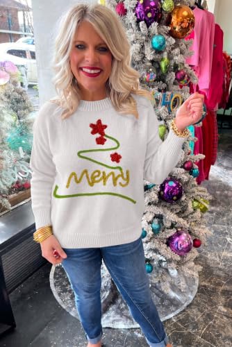 Image of LEMAFER Women 2026 Merry Christmas Round Neck Sequin Letters Sweater Casual Solid Slogan Long Sleeve Pullover Sweatshirt Tops