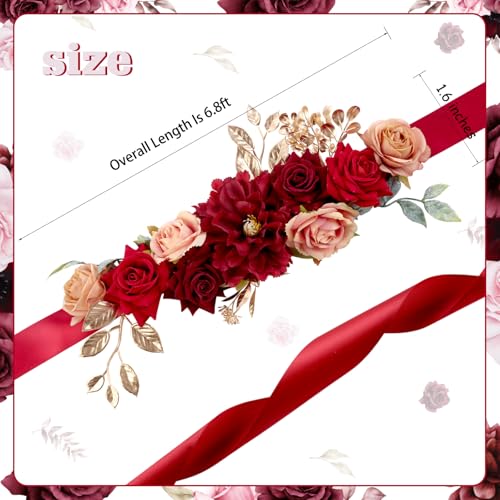 Burgundy Red Flower Belt Maternity Sash, Rose Gold Handmade Flower Belly Belt for Wedding Baby Shower Gender Reveal Party Decorations Supplies Photo Props 6