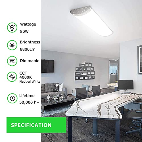 TychoLite 4FT LED Light Fixtures 80W 8800 Lumens, Dimmable 4 Foot LED Flush Mount Ceiling Lights 4000K, Indoor LED Lighting Fixture Fluorescent Replacement for Kitchen, Laundry Room, Garage - 2 Pack - Image 3
