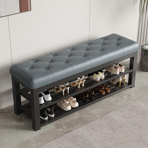 Banco de zapatos acolchado con zapatero de 2 niveles de piel sintética y entrada de metal, elegante almacenamiento para dormitorio, sala de estar, pasillo, color negro, 39.4 pulgadas