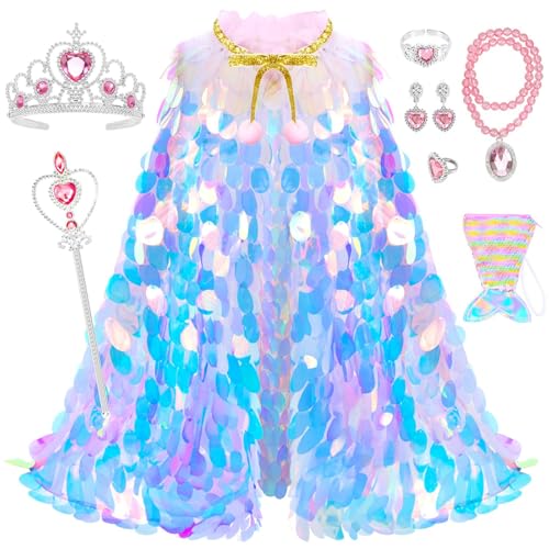 MOTYYA Princess Dress Up Clothes for Girls, 9Pcs Rainbow Mermaid Cape Kit Princess Dress Up Costume Toys Gift Set for Little Girls 3-8 Years Old, Party Favors Birthday Great Gift Set