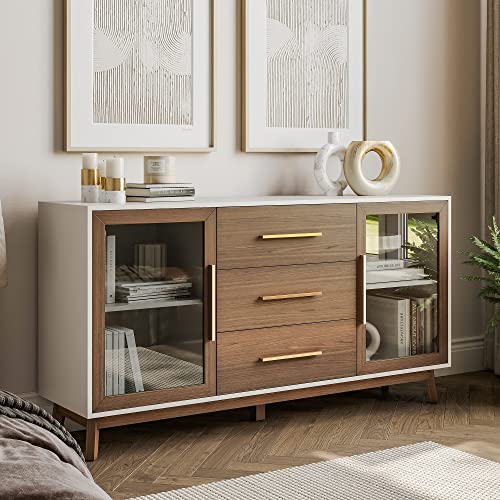 Belleze Sideboard Buffet Cabinet With 3 Drawers & 2 Doors, Console Table For Kitchen Glass Storage Cabinet Coffee Bar Accent Cabinet For Living Room Dining Room Hallway, Brown #TOP3