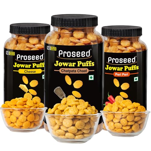 Image of Proseed Jowar Puffs (Cheese, Chatpata Chaat & Peri Peri) | 150g x 3 Packs (Total 450g) | Slow Roasted & 100% Veg | No Refined Flour, Sugar & Trans-Fat | Gluten Free, No Palm Oil, Healthy Millet Snacks