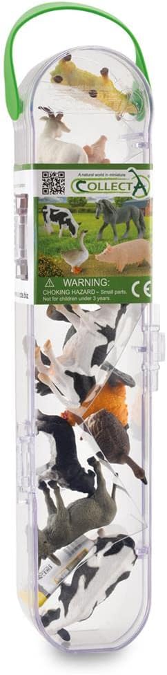 Box of Mini Farm Animals - Donkey, Friesian Cow, Friesian Bull, Shire Horse Mare, Billy Goat, Sheep, Sow, Border Collie, Goose, White Duck, Hen and Cockerel