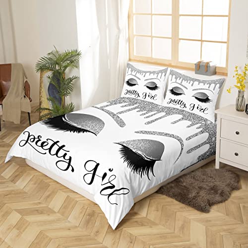 Pretty Girls Bedding Sets Double Women Gorgeous Eyelash Comforter Cover Silver White Glitter Bling Stars Sequins Decor Duvet Cover Aesthetic Room Decor,Stylish Fashion Quilt Cover 2 Pillow Cases - Image 3