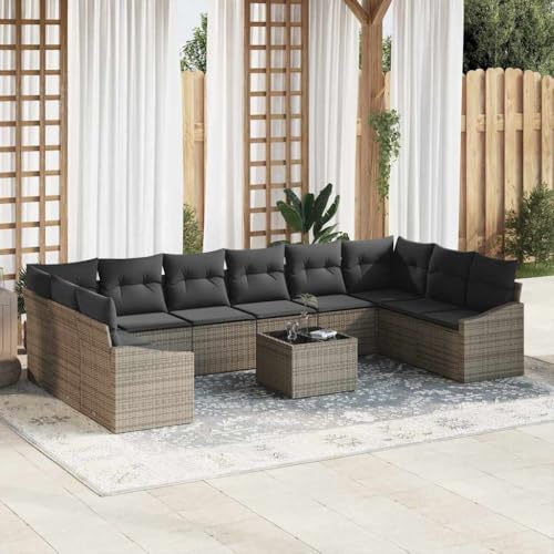 Frdhee Juego de muebles de salón para balcón, sofá con cojín, 11 unidades, polirratán gris para balcón, interior y exterior, terraza, patio trasero