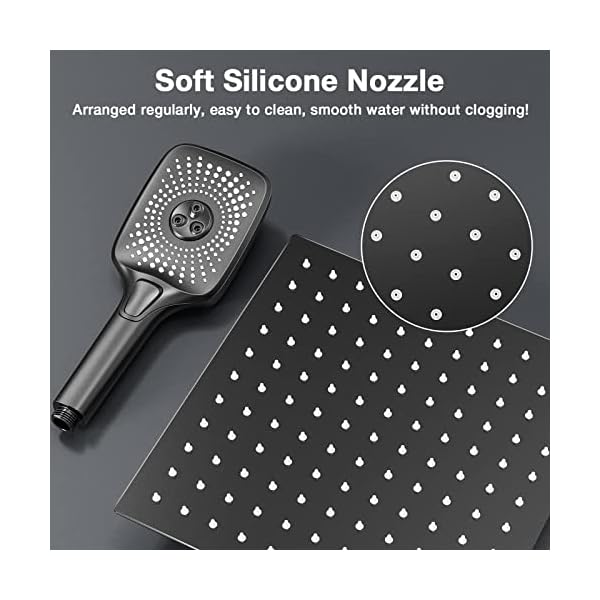 Black shower faucet set stainless steel 10in rainfall shower head with handheld 3 functions shower system brass pressure balance shower valve  urban country home decor
