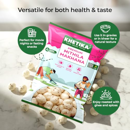Image of Khetika Premium Mithila Makhana 100g | Dry Fruits in Fresh, Raw Foxnuts, Phool Makhana for Prasadam, Premium Lotus Puffs Seeds, Rich in Calcium, Natural & Crunchy, Fit for Fasting, Direct from Farm