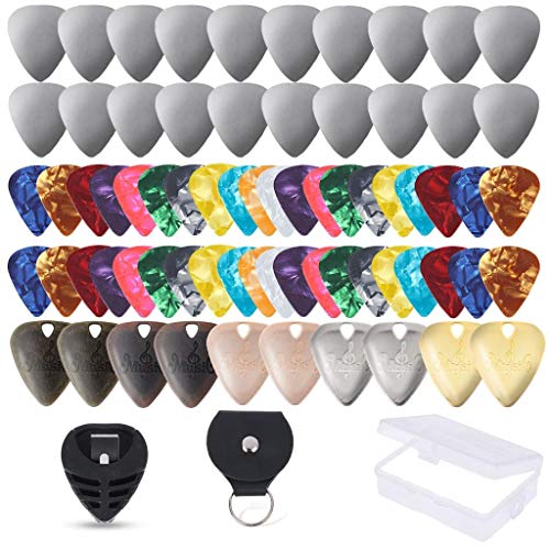 Xgood 73 Pieces Guitar Picks Set Includes Metal Guitar Picks, Stainless Steel Guitar Picks, Celluloid Guitar Picks with Picks Storage Bag and Plastic Storage Case, Guitar Picks Set for Guitar Bass