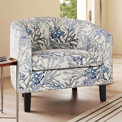 BELLEZE Accent Barrel Chair, Modern Faux Leather Tub Club Chair Upholstered Armchair with Gold Nail Head Trim and Black Legs for Living Room Bedroom Apartment Lounge - Blue Coral