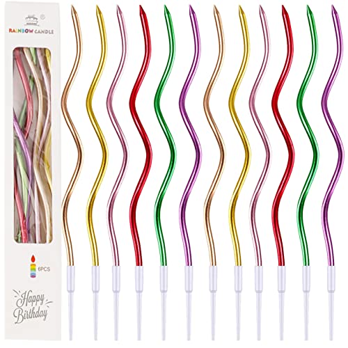 12Pieces Twisty Birthday Candles Spiral Cake Candles Metallic Cake Cupcake Candles Multi-Color Long Thin Coil Cake Candles with Holders for Birthday Wedding Baby Party Cake Decorations
