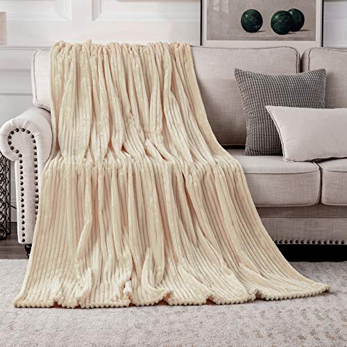 MIULEE Flannel Fleece Throw Blankets Soft Warm Comfortable Throws for Sofa Corduroy Fluffy Blanket Bed Throw for Bedroom Couch Travel Kids Bedroom Accessories 65x82Inch Cream - Image 3