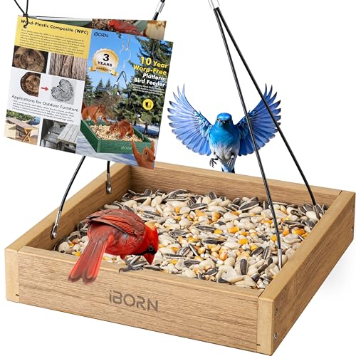 iBorn Platform Bird Feeder Tray Chew Proof Bird Feeders for Outdoors Hanging Flat Birdfeeder Tray with Large Capacity 3LBS WPC Recycled Plastic & Cedar Look Waterproof 10.5x10.5 Raw