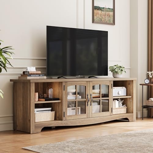 LINSY HOME TV Stand for 75 Inch TV, Modern Farmhouse Entertainment Center with Storage Cabinets and Glass Doors, Tall Media Console Table for Living Room, Bedroom, Large Long Television Stand, Brown - Image 3