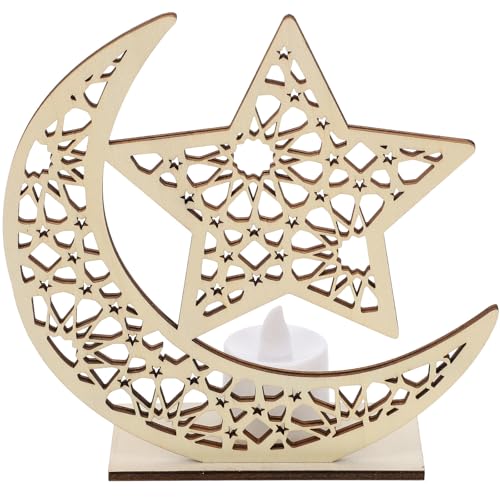 LOLIPPYY Lámpara LED de Luna y Estrella de Madera Luz Nocturna Cálida para Decoración de Fiesta Eid Adorno Decorativo Temático para Hogar y Mesa Luz Estética de Ramadán Lámpara de