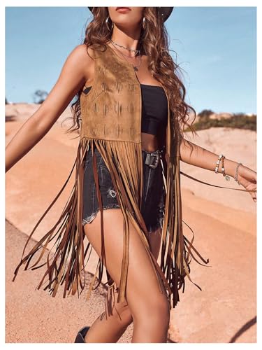 Women's Fringe Vest Sleeveless 70s Hippie Faux Suede Trim Western Cowgirl Tassel Jacket Cardigan3