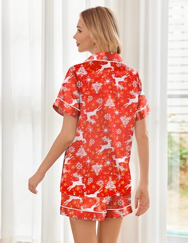 Image of Ekouaer Womens Silk Satin Pajama Sets Soft Short Sleeve Button Down Sleepwear Top and Shorts 2 Piece Pjs Lounge Set