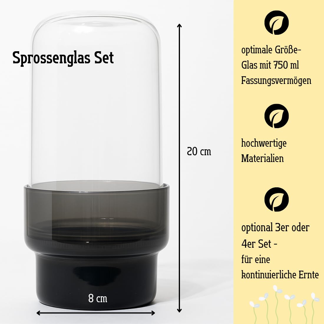Design Sprossenglas 750ml - 4er Sprossen Anzuchtset-Keimglas für Sprossen aus Glas mit Edelstahldeckel/Sieb, Anzuchtset inkl. Spülbürste. (Sprossenglas 4er Set, 4.0, stück)