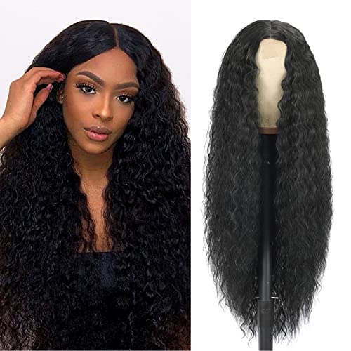 Long Deep Wave Lace Front Wigs 32 Inch Synthetic Wig Curly lace front wig Middle Part Lace Wigs Loose Deep Wave Frontal Wig Wet and Wavy Natural Color Curly Wigs for Black Women(32''1B)