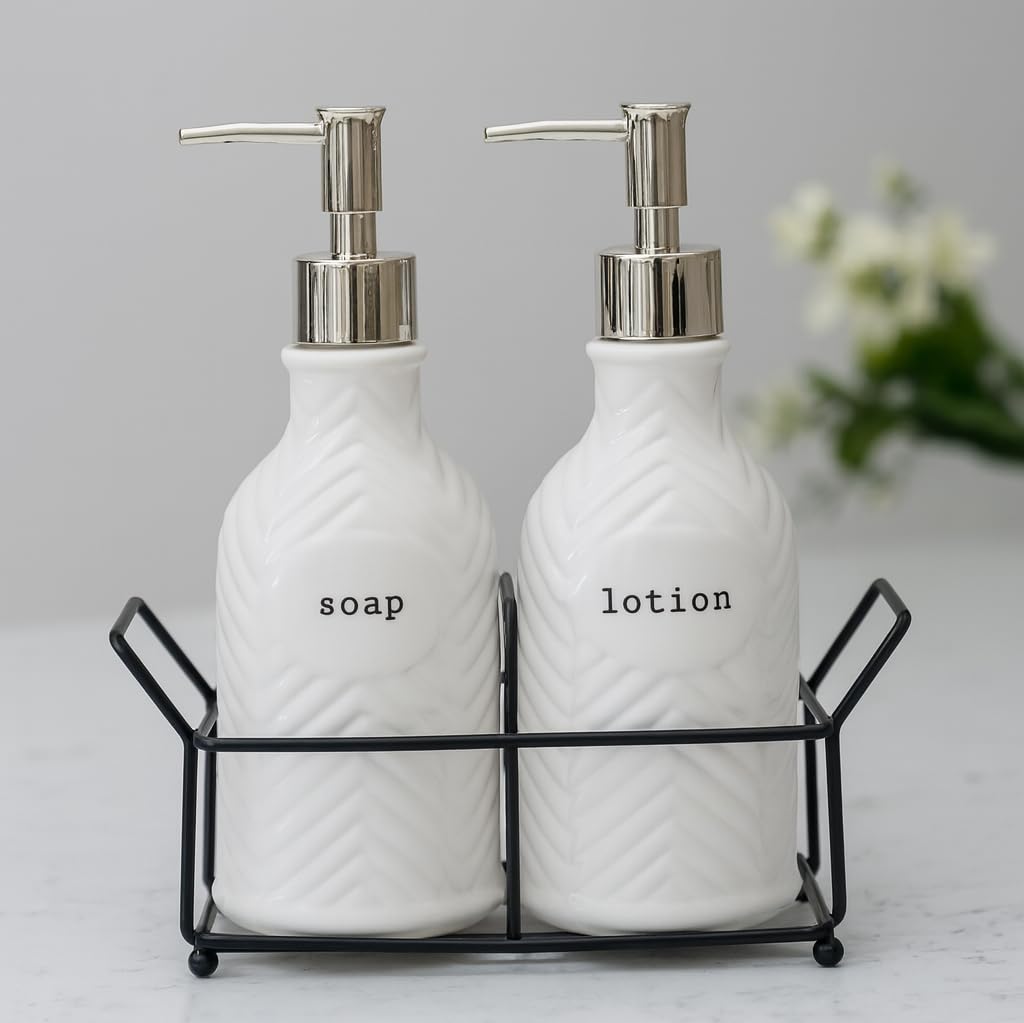 Store2508 Ceramic Soap and Lotion Dispenser Set with Metal Holder – Refillable Pump Bottles for Bathroom or Kitchen Countertop, Farmhouse Style Hand Soap & Lotion Pump Containers (PE163)-image-12