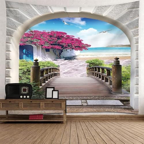 Tapisserie murale paysage naturel 150x150 arche bord de mer multicolore