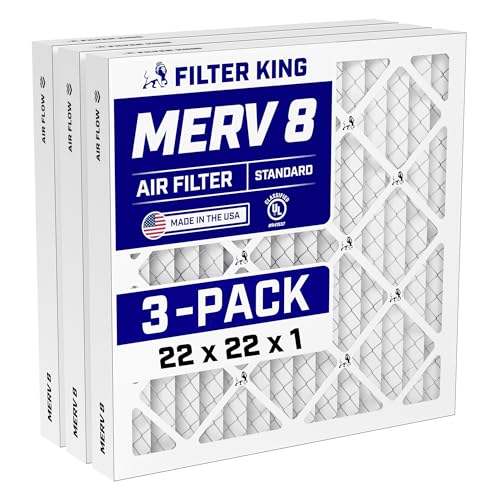 Filter King 22x22x1 Air Filter | 3-PACK | MERV 8 HVAC Pleated A/C Furnace Filters | MADE IN USA | Actual Size: 21.5 x 21.5 x .75"
