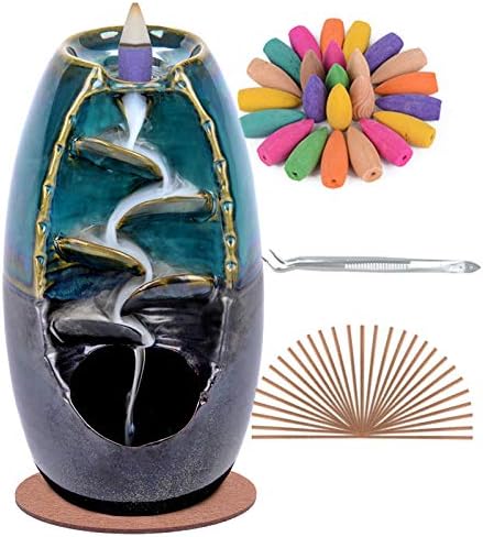 SPACEKEEPER Backflow Incense Holder/Burner Waterfall , Ceramic Aromatherapy Ornament Home Decor with 120 Backflow Incense Cones + 30 Incense Stick, Blue