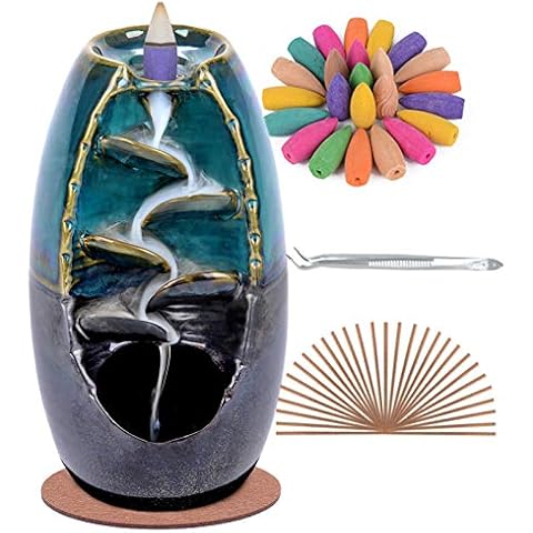 SPACEKEEPER Backflow Incense Holder Waterfall Incense Burner, Ceramic Aromatherapy Ornament Home Decor with 120 Backflow Incense Cones + 30 Incense Stick, Blue Cover
